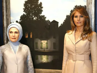 Luxembourg's Gauthier Destenay, Slovenia's Mojca Stropnik, Turkey's first lady Emine Erdogan and U.S. first lady Melania Trump visit the Magritte Museum in Brussels, May 25, 2017. REUTERS/Francois Lenoir