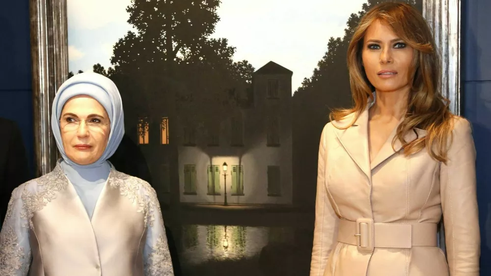 Luxembourg's Gauthier Destenay, Slovenia's Mojca Stropnik, Turkey's first lady Emine Erdogan and U.S. first lady Melania Trump visit the Magritte Museum in Brussels, May 25, 2017. REUTERS/Francois Lenoir
