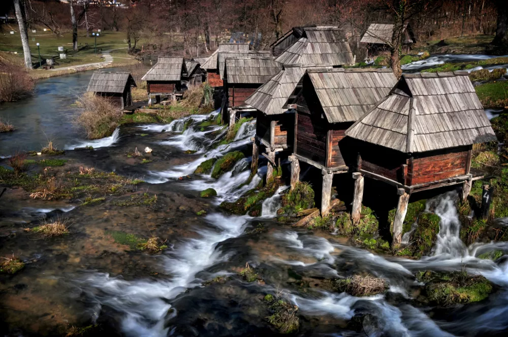 Water mills on the Pliva lake in central Bosnia. They are located in the historic town of Jajce where 29.11.1943. held the second meeting of AVNOJ