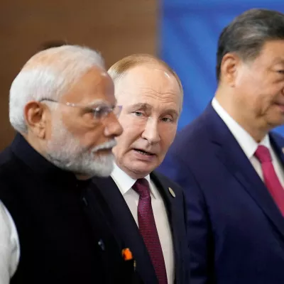 FILE PHOTO: Indian Prime Minister Narendra Modi, Russian President Vladimir Putin and Chinese President Xi Jinping attend a family photo ceremony prior to the BRICS Summit plenary session in Kazan, Russia, Wednesday, Oct. 23, 2024.   Alexander Zemlianichenko/Pool via REUTERS/File Photo