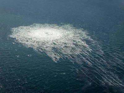 FILE PHOTO: Gas bubbles from the Nord Stream 2 leak reaching surface of the Baltic Sea in the area shows disturbance of well over one kilometre diameter near Bornholm, Denmark, September 27, 2022. Danish Defence Command/Handout via REUTERS/File Photo