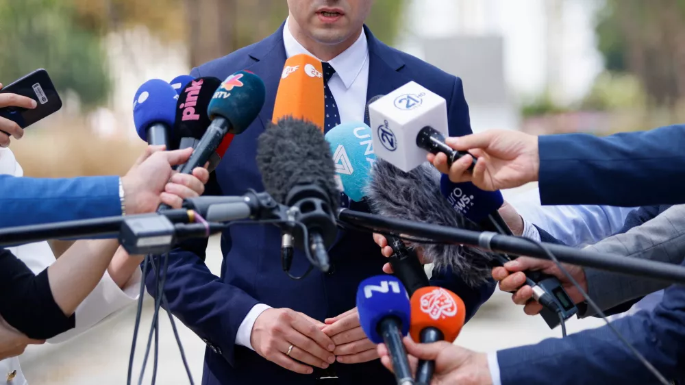 The head of the Serbian government's Office for Kosovo, Petar Petkovic speaks to the media in Brussels, Belgium, August 18, 2022. REUTERS/ Johanna Geron