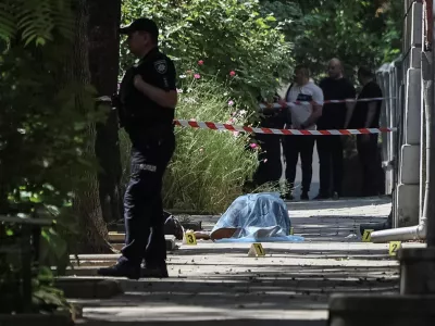 SENSITIVE MATERIAL. THIS IMAGE MAY OFFEND OR DISTURB The body of former Ukrainian parliamentary speaker Andriy Parubiy, who was killed this morning, lies on the ground, amid Russia's attack on Ukraine, in Lviv, Ukraine August 30, 2025. REUTERS/Roman Baluk