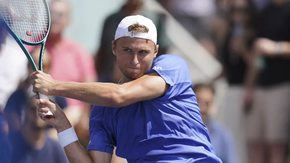 Leandro Riedi of Switzerland during the first round of the U.S. Open tennis tournament, Tuesday, Aug. 26, 2025, in New York. (AP Photo/Vera Nieuwenhuis)