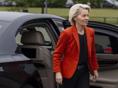 European Commission President Ursula von der Leyen arrives at the Border Guard School near Lithuanian-Belarusian border, near the village Medininkai, some 25 km (16 miles) east of the capital Vilnius, Lithuania, Monday, Sept. 1, 2025. (AP Photo/Mindaugas Kulbis)
