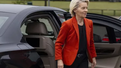 European Commission President Ursula von der Leyen arrives at the Border Guard School near Lithuanian-Belarusian border, near the village Medininkai, some 25 km (16 miles) east of the capital Vilnius, Lithuania, Monday, Sept. 1, 2025. (AP Photo/Mindaugas Kulbis)