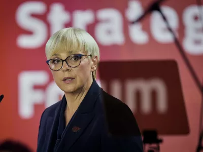 Slovenia's President Natasa Pirc Musar delivers her speech during the opening ceremony of the annual Bled Strategic Forum gathering in Bled, Slovenia, Monday, Sept. 1, 2025. (AP Photo/Darko Bandic)