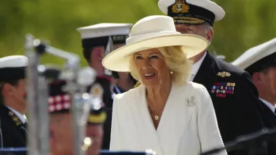 FILE - Britain's Queen's Camilla arrives for the commemoration of the 80th Anniversary of VJ Day at The National Memorial Arboretum on Aug. 15, 2025, in Alrewas, England. (Christopher Furlong/Pool Photo via AP, File)