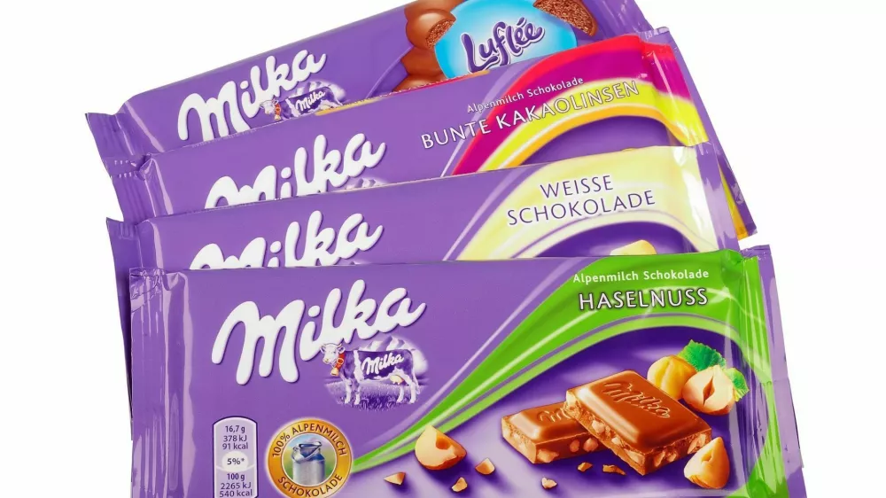 Pula, Croatia - May 1, 2016: Studio shot of a Swiss Milka Chocolate, manufactured by Mondelez International.