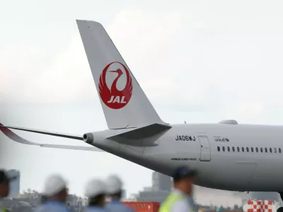 The vertical tail of a Japan Airlines Airbus A350-1000 aircraft at Haneda Airport in Tokyo, Sunday, July 13, 2025 (Jiji Press),Image: 1023029153, License: Rights-managed, Restrictions:, Model Release: no
