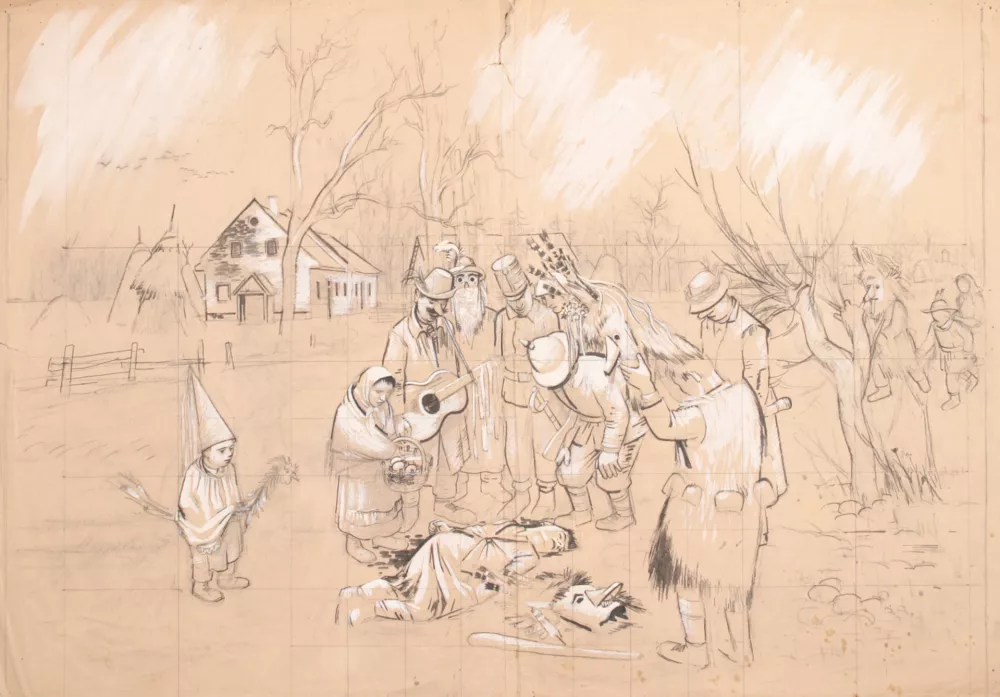 France Mihelič, Mrtvi kurent &ndash; študija, 1938, črna kreda, gvaš in svinčnik, PMPO / Foto: Arhiv Pmpo 