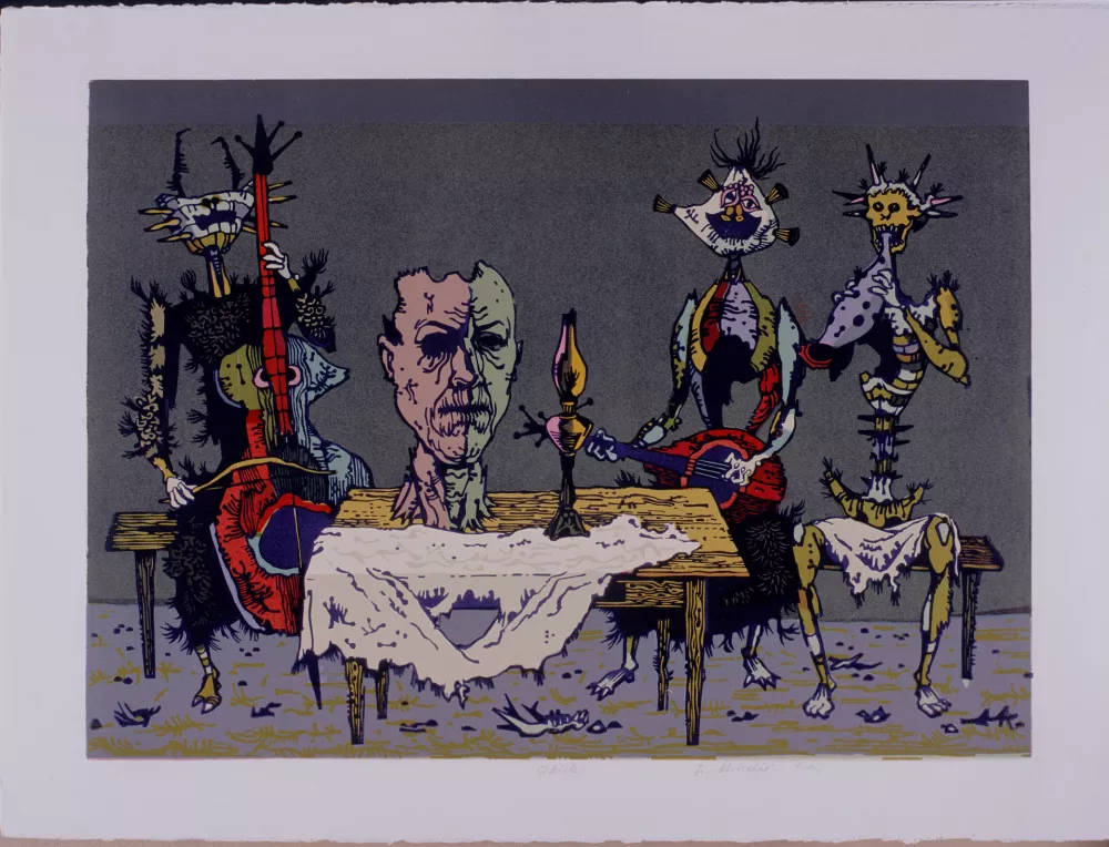 France Mihelič, Obisk, 1957, barvni lesorez, PMPO / Foto: Arhiv Pmpo