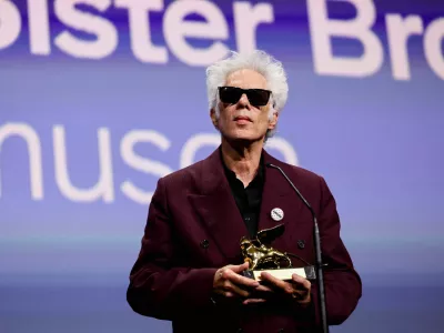 Jim Jarmusch receives the Golden Lion for Best Film for "Father Mother Sister Brother" during the closing ceremony of the 82nd Venice International Film Festival, in Venice, Italy, September 6, 2025. REUTERS/Yara Nardi