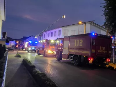 06 September 2025, Baden-W&uuml;rttemberg, Lauchringen: German firefighters are seen at the supermarket, where two people were seriously injured after its roof collapsed. At least two other people suffered minor injuries, according to the police. Photo: Stein/dpa