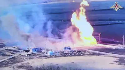 This photo taken from video distributed by Russian Defense Ministry Press Service on Friday, March 28, 2025, shows what it says is a blaze at a gas metering station in Sudzha after a Ukrainian strike in the Kursk region of Russia. (Russian Defense Ministry Press Service via AP)