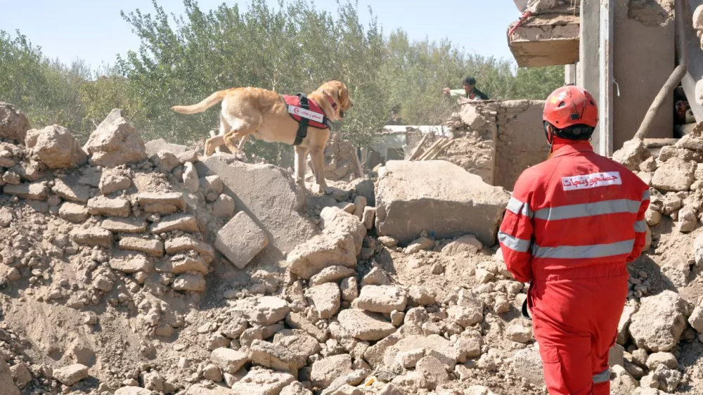 FILED - 11 October 2023, Afghanistan, Herat: The Iranian rescue team and Afghan men search for victims after an earthquake in Herat province, western Afghanistan. Thousands were killed and injured. Photo: Iranian Red Crescent Society/ZUMA Press Wire/dpa