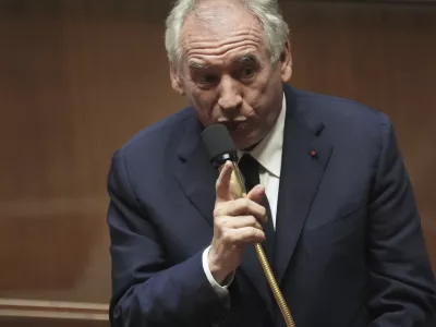 FILE - French Prime Minister Francois Bayrou addresses the National Assembly, prior to a parliamentary confidence vote that could bring him down, Monday, Sept. 8, 2025 in Paris. (AP Photo/Christophe Ena, File)