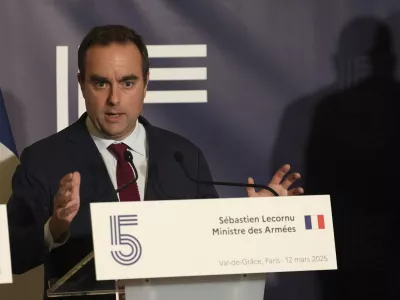 FILE - French Defense Minister Sebastien Lecornu speaks during a press conference after a meeting with EU defense ministers to discuss support for Ukraine and European defense in Paris, March 12, 2025. (AP Photo/Aurelien Morissard, File)