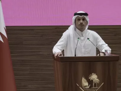 In this framegrab taken from video Qatar Prime Minister and Foreign Minister Sheikh Mohammed bin Abdulrahman bin Jassim Al Thani addresses the press in Doha, Qatar, Tuesday Sept. 9, 2025,(AP Photo)