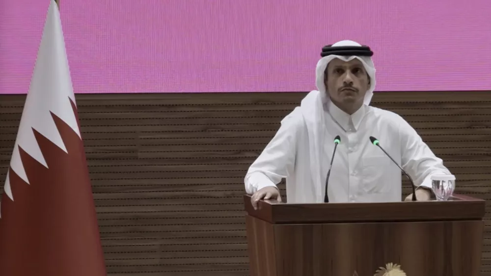 In this framegrab taken from video Qatar Prime Minister and Foreign Minister Sheikh Mohammed bin Abdulrahman bin Jassim Al Thani addresses the press in Doha, Qatar, Tuesday Sept. 9, 2025,(AP Photo)