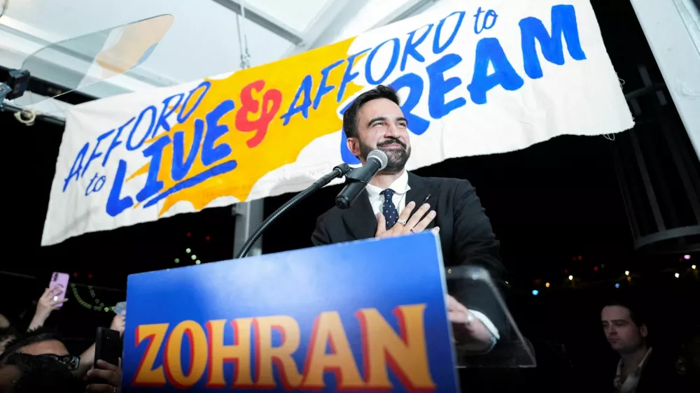 Zohran Mamdani gestures as he speaks during a watch party for his primary election, which includes his bid to become the Democratic candidate for New York City mayor in the upcoming November 2025 election, in New York City, U.S., June 25, 2025. REUTERS/David 'Dee' Delgado   TPX IMAGES OF THE DAY