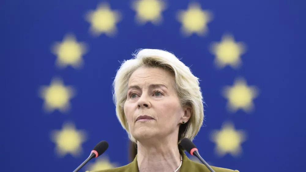 European Commission President Ursula von der Leyen delivers a major state of the union speech at the European Parliament in Strasbourg, eastern France, Wednesday, Sept. 10, 2025. (AP Photo/Pascal Bastien)