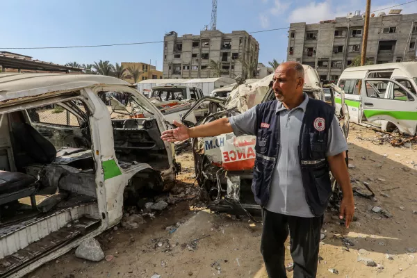 14 September 2025, Palestinian Territories, Gaza: Ambulances and emergency vehicles have been put out of service due to shelling, and destruction by Israeli bulldozers during incursions into several cities. According to an employee of the Palestinian Ministry of Health's ambulance and emergency services at Nasser Hospital in Khan Yunis, southern Gaza Strip, a significant number of ambulance officers have been killed and others injured while performing their duties. Photo: Abed Rahim Khatib/dpa