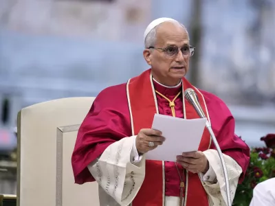 Pope Leo XIV presides over a commemoration of the martyrs and witnesses of the faith of the 21st century with representatives of other churches and Christian communions in the Basilica of St. Paul Outside the Walls in Rome, Sunday, Sept. 14, 2025. (AP Photo/Gregorio Borgia)