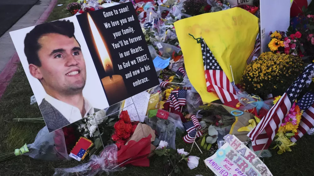 A memorial for Turning Point USA CEO and co-founder Charlie Kirk is seen at Utah Valley University, Saturday, Sept. 13, 2025, in Orem, Utah. (AP Photo/Lindsey Wasson)