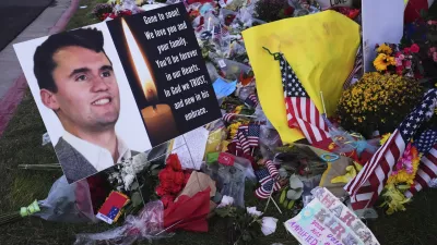 A memorial for Turning Point USA CEO and co-founder Charlie Kirk is seen at Utah Valley University, Saturday, Sept. 13, 2025, in Orem, Utah. (AP Photo/Lindsey Wasson)