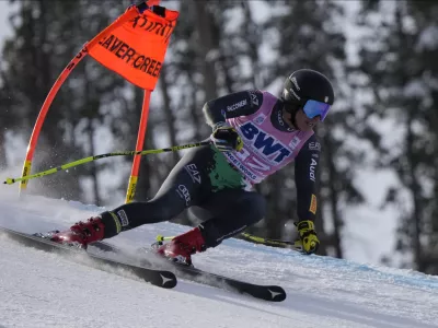 FILE - Italy's Matteo Franzoso competes during a men's World Cup super-G skiing race, Dec. 4, 2022, in Beaver Creek, Colo. (AP Photo/Robert F. Bukaty, file)