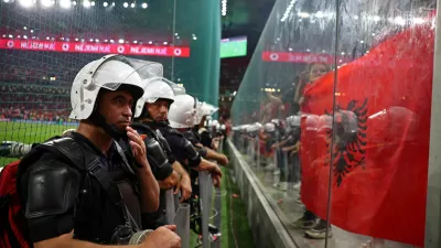 Soccer Football - World Cup - European Qualifiers - Group K - Albania v Serbia - Arena Kombetare, Tirana, Albania - June 7, 2025 Riot police are seen during the match REUTERS/Florion Goga