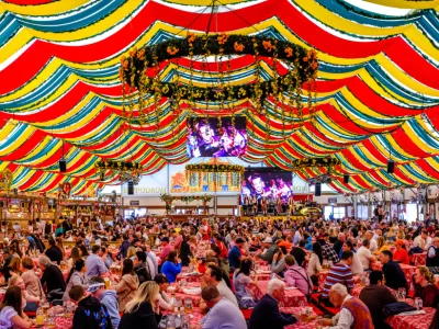Munich, Germany - April 23: typical bavarian beertent with guests and decoration at the annual spring festival (Fr&uuml;hlingsfest) in Munich on April 23, 2023