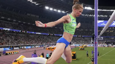 Slovenia's Tina Sutej competes in the women's pole vault final at the World Athletics Championships in Tokyo, Wednesday, Sept. 17, 2025. (Pawel Kopczynski, Pool Photo via AP)
