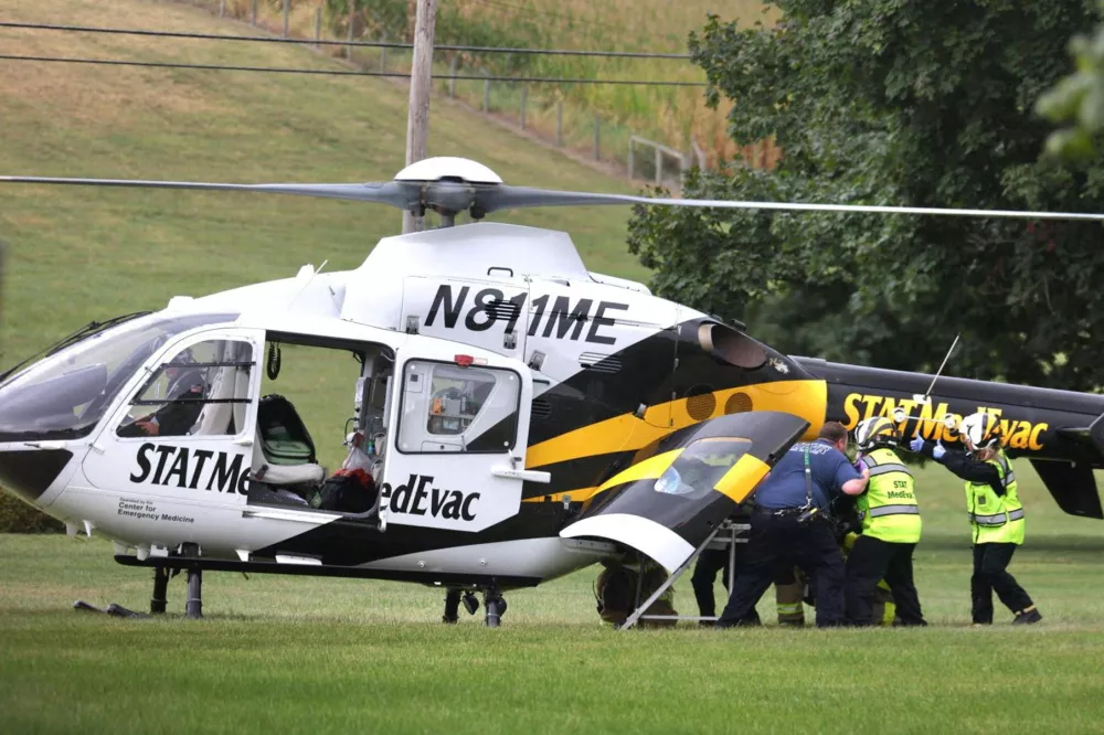 A police officer is loaded into a Medevac helicopter after a shooting incident in York County's North Codorus Township, Pennsylvania, U.S. September 17, 2025. Harrison Jones/USA Today Network via REUTERS.  NO RESALES. NO ARCHIVES. THIS IMAGE HAS BEEN SUPPLIED BY A THIRD PARTY