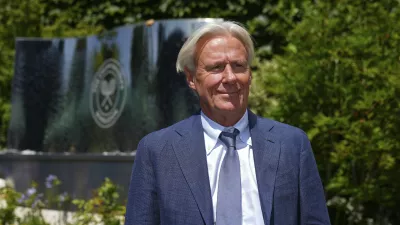 FILE - Tennis great Bjorn Borg poses for a photo as he arrives for Day 11 at the Wimbledon Tennis Championships in London, July 10, 2025. (AP Photo/Joanna Chan, File)
