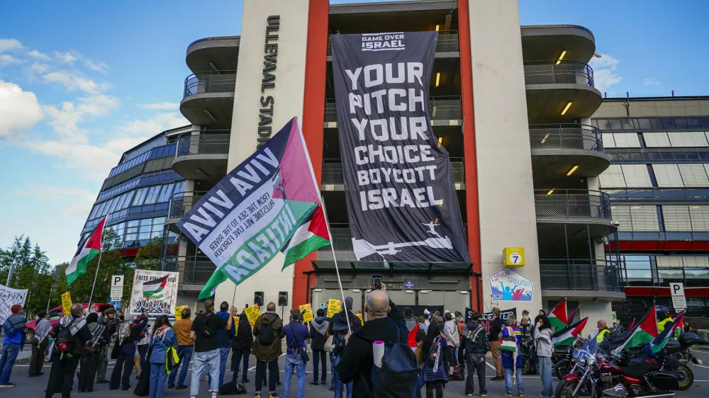 The Action Group for Palestine demonstrates as a reaction to the international soccer match between Norway and Israel taking place next month, outside Ullevaal Stadium in Oslo, Norway, Wednesday, Sept. 17, 2025. (Gorm Kallestad/NTB Scanpix via AP)