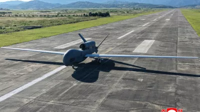 This photo provided by the North Korean government, shows a drone which North Korean leader im Jong Un supervised at an undisclosed place in North Korea Thursday, Sept. 18, 2025. Independent journalists were not given access to cover the event depicted in this image distributed by the North Korean government. The content of this image is as provided and cannot be independently verified. Korean language watermark on image as provided by source reads: "KCNA" which is the abbreviation for Korean Central News Agency. (Korean Central News Agency/Korea News Service via AP)