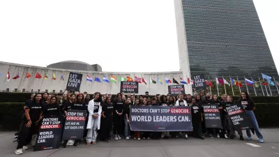 IMAGE DISTRIBUTED FOR DOCTORS WITHOUT BORDERS/MÉDECINS SANS FRONTIÈRES USA (MSF USA) - With the United Nations General Assembly underway, Doctors Without Borders/Médecins Sans Frontières USA (MSF USA) staff, medical aid workers, and supporters gather in front of U.N. Headquarters to call on world leaders to take action and end the genocide in Gaza, Wednesday, Sept. 17, 2025 in New York. (Jason DeCrow/AP Content Services for Doctors Without Borders/Médecins Sans Frontières USA (MSF USA))