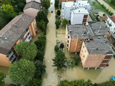 A drone view shows floaded streets as the Emilia-Romagna region experiences flooding triggered by severe weather, in Lugo, Emilia-Romagna, Italy, September 20, 2024. REUTERS/Ciro de Luca