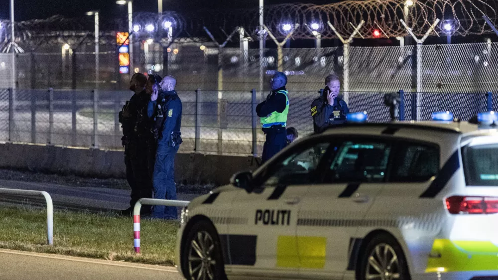 Danish police patrol at Copenhagen Airport, Denmark, Monday Sept. 22, 2025. (Steven Knap/Ritzau Scanpix via AP)