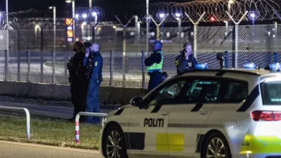 Danish police patrol at Copenhagen Airport, Denmark, Monday Sept. 22, 2025. (Steven Knap/Ritzau Scanpix via AP)