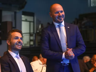 Jernej Vrtovec je novi predsednik Nove Slovenije in Matej Tonin13.09.2025 - Volilni kongres stranke NSI - Nova Slovenija - PolzelaFoto: Luka Cjuha