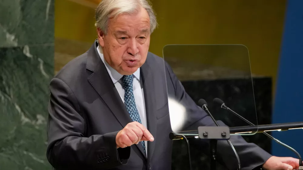 Secretary General Antonio Guterres addresses the 80th session of the United Nations General Assembly, Tuesday, Sept. 23, 2025, at UN headquarters. (AP Photo/Angelina Katsanis)