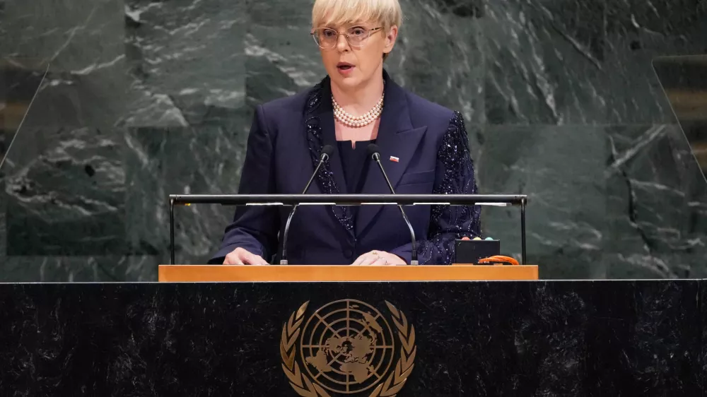 Slovenia President Natasa Pirc Musar addresses the 80th session of the United Nations General Assembly, Tuesday, Sept. 23, 2025. (AP Photo/Richard Drew)