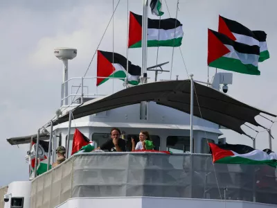 Swedish activist Greta Thunberg departs with other activists on the Global Sumud Flotilla, a humanitarian expedition to Gaza, from the port of Barcelona, Spain August 31, 2025. REUTERS/Nacho Doce