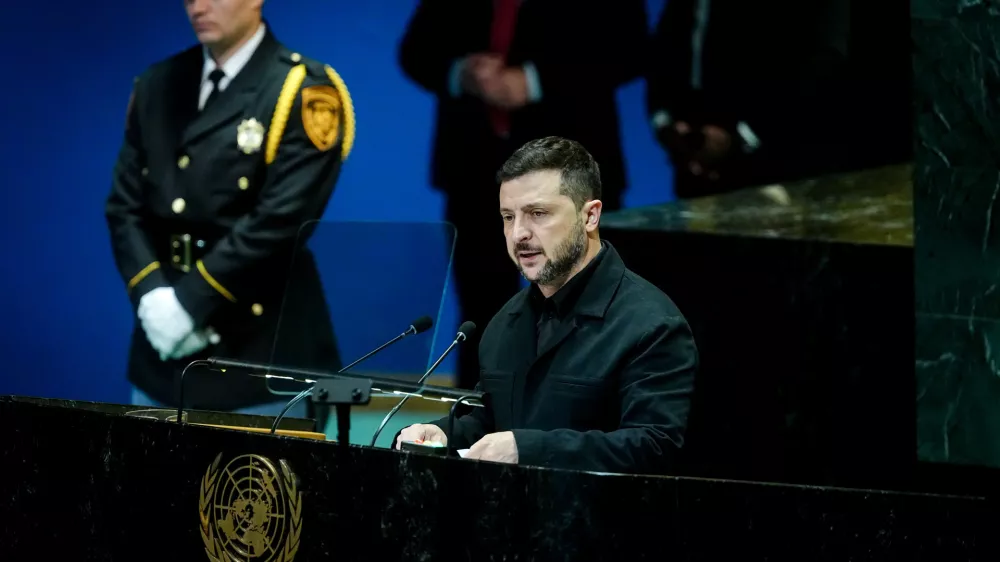24 September 2025, US, New York: Ukrainian President Volodymyr Zelensky speaks at the general debate of the UN General Assembly in New York. Over 140 heads of state and government are expected to attend the world's largest diplomatic event over several days. Photo: Kay Nietfeld/dpa