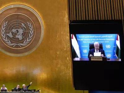 Palestine President Mahmoud Abbas addresses the 80th session of the United Nations General Assembly via video, Thursday, Sept. 25, 2025. (AP Photo/Richard Drew)