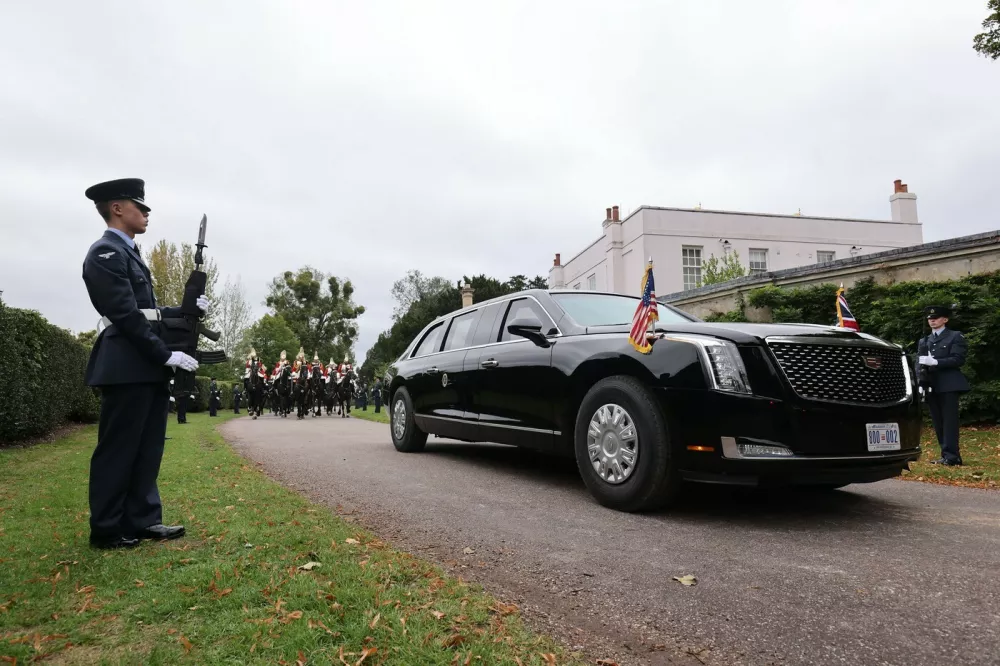 17/09/2025. Windsor, United Kingdom. The Beast, US President Donald Trump's official car, drives the route of the carriage procession at Windsor Castle, on the first day of the Trump State Visit to the United Kingdom. Picture by i-Images / Pool,Image: 1038421781, License: Rights-managed, Restrictions: UK OUT. End users shall not licence, sell, transmit, or otherwise distribute any photographs represented by eyevine, to any third party. Contact eyevine for more information: Tel: +44 (0) 20 8709 8709 Email: info@eyevine.com, Model Release: no