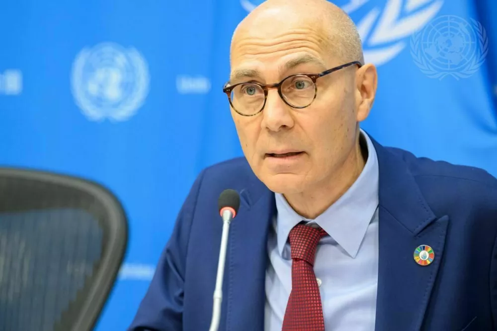 Volker T&uuml;rk, United Nations High Commissioner for Human Rights, briefs reporters after he presented a report to the Third Committee at UN Headquarters.